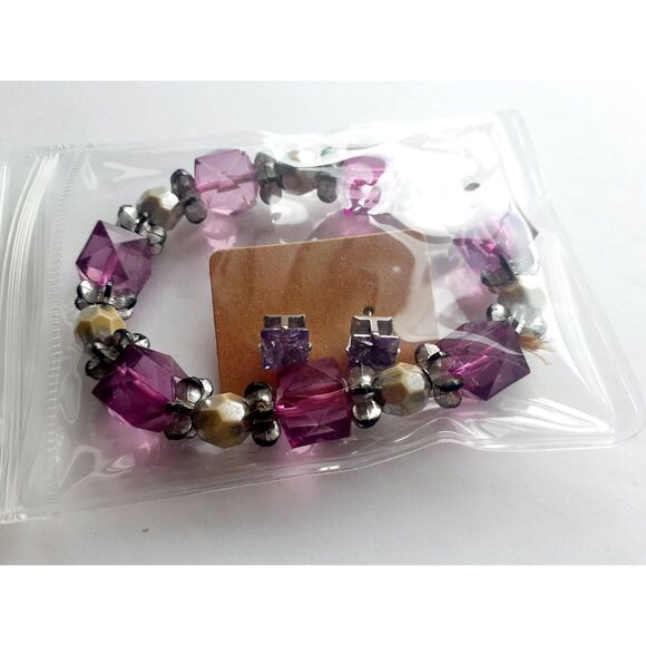 Womens Handcrafted  Purple Crystal Silver Beads Bracelet & Stud Earrings Set - Picture 9 of 10